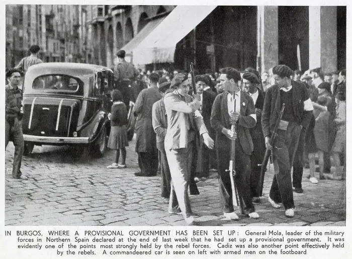 Framed Print : Men of the Nationalist Militia, under the command of General Emilio Mola, in the city of Burgos, northern Spain, July 1936. At this point in the war, many of the combatents had guns, but not uniforms. Date: 1936 Framed Print : Men of the Nationalist Militia, under the command of General Emilio Mola, in the city of Burgos, northern Spain, July 1936. At this point in the war, many of the combatents had guns, but not uniforms. Date: 1936