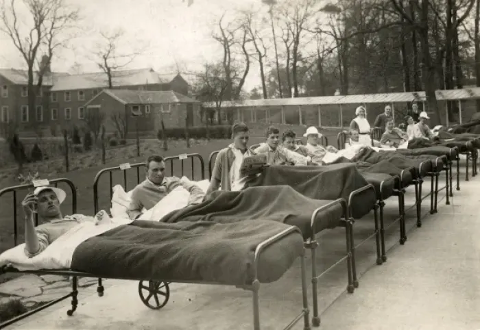 Framed Print : Men in open-air hospital beds Framed Print : Men in open-air hospital beds