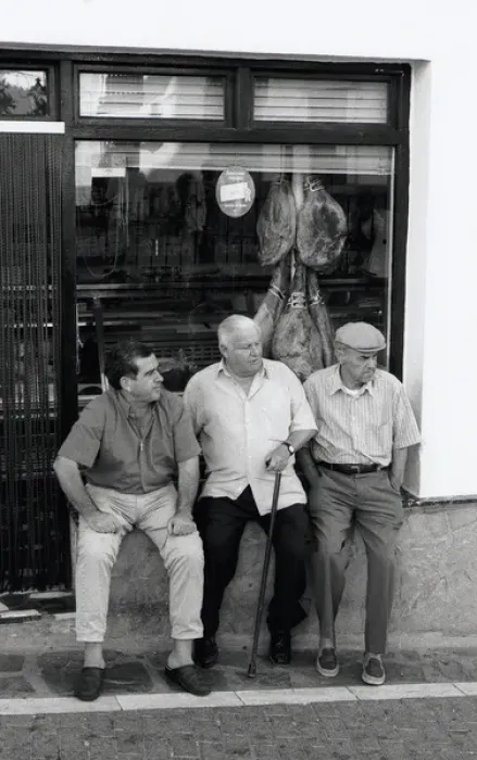 Framed Print : Three men outside shop, Spain Framed Print : Three men outside shop, Spain