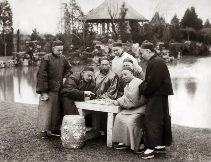 Framed Print : Men playing a board game, China, circa 1880s Framed Print : Men playing a board game, China, circa 1880s