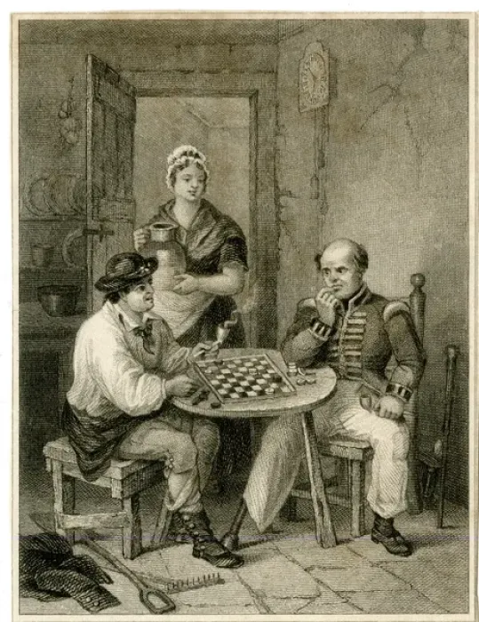 Framed Print : Two men playing draughts - The Veteran Defeated Framed Print : Two men playing draughts - The Veteran Defeated