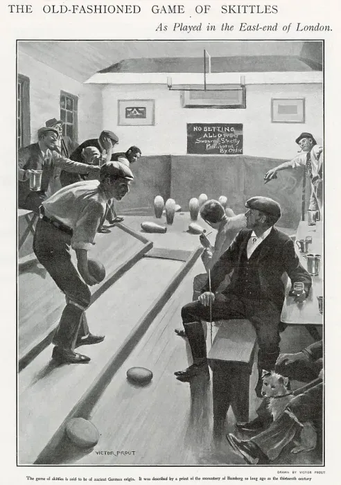 Framed Print : Men playing Skittles inside in the East End, London pub. Date: 1903 Framed Print : Men playing Skittles inside in the East End, London pub. Date: 1903