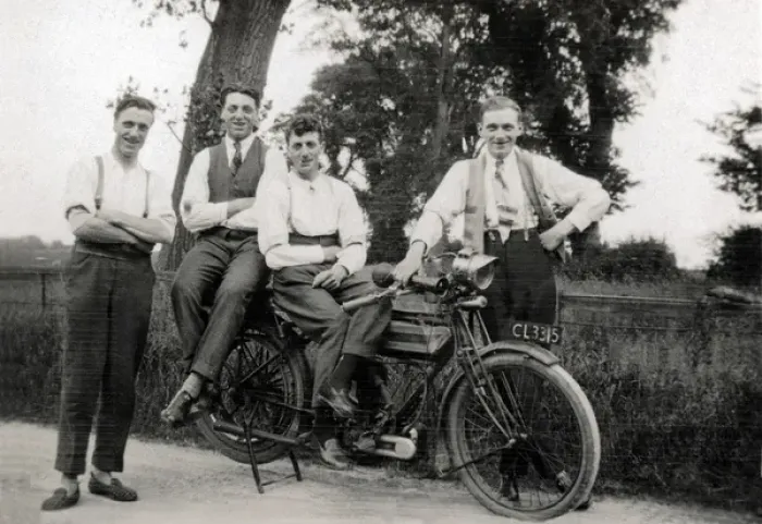 Framed Print : Men pose with 1914 / 15 Triumph motorcycle Framed Print : Men pose with 1914 / 15 Triumph motorcycle