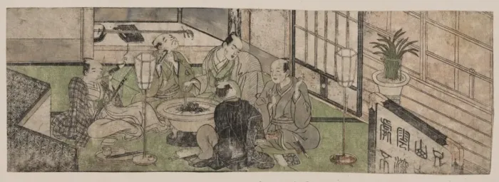 Framed Print : Five men relaxing around a hibachi Framed Print : Five men relaxing around a hibachi