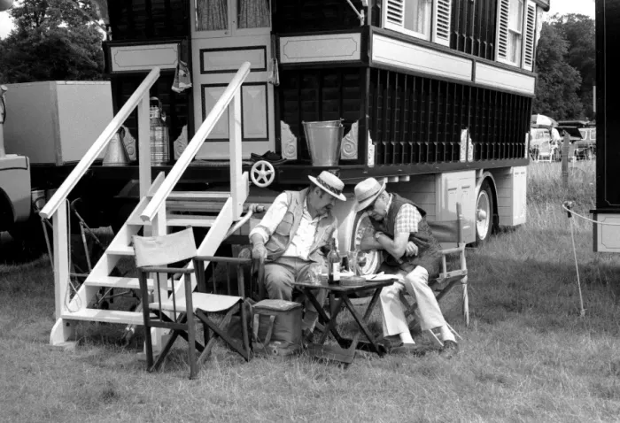 Framed Print : Two men sitting outside a caravan Framed Print : Two men sitting outside a caravan