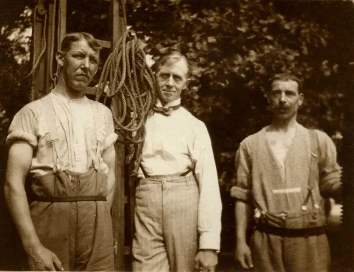 Framed Print : Three men standing by wooden escape ladder at Quex Framed Print : Three men standing by wooden escape ladder at Quex