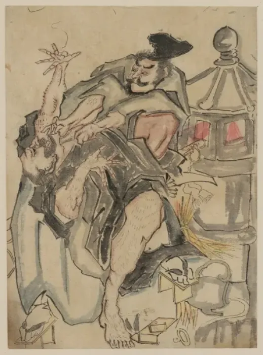Framed Print : Two men struggling next to a stone lantern, upsetting a teap Framed Print : Two men struggling next to a stone lantern, upsetting a teap