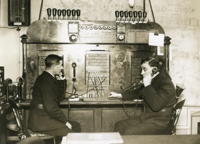 Framed Print : Two men on switchboard at LFB HQ Framed Print : Two men on switchboard at LFB HQ