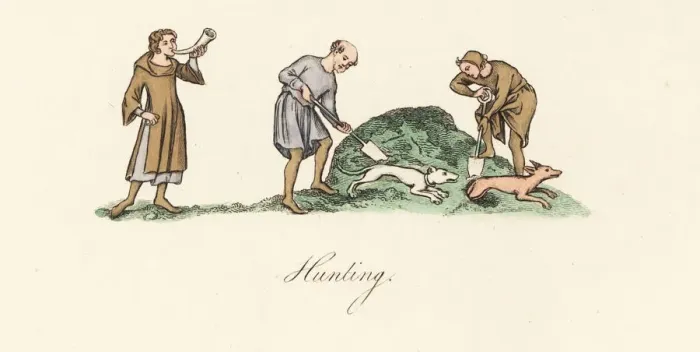Framed Print : Men unearthing a fox with dogs, horn and shovels Framed Print : Men unearthing a fox with dogs, horn and shovels