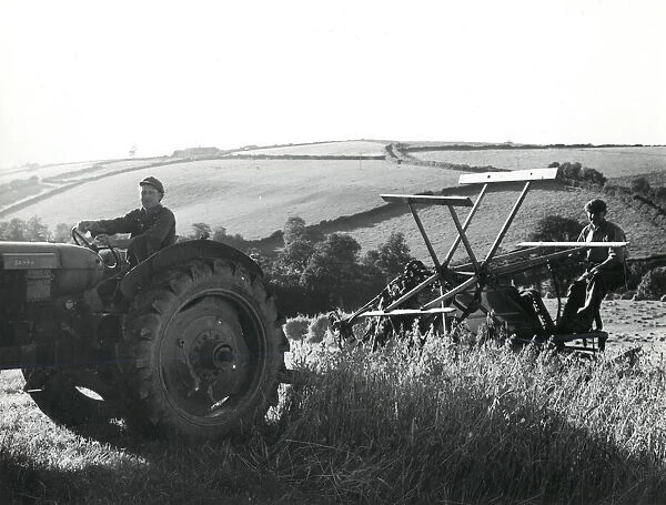 Men using a reaping machine at harvest time, Cornwall