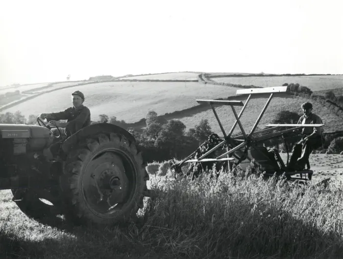 Framed Print : Men using a reaping machine at harvest time, Cornwall Framed Print : Men using a reaping machine at harvest time, Cornwall