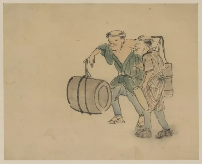 Framed Print : Two men walking, one carrying a shoulder pole with barrel-li Framed Print : Two men walking, one carrying a shoulder pole with barrel-li