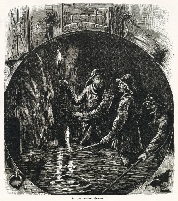 Framed Print : Men wearing heavy oilskin protective clothing would go into the tunnels under the streets of London to unblock the sewers with a combing method. Date: 1881 Framed Print : Men wearing heavy oilskin protective clothing would go into the tunnels under the streets of London to unblock the sewers with a combing method. Date: 1881