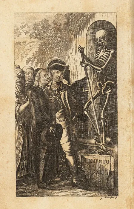 Framed Print : Men and women look at a Memento Mori, 18th century Framed Print : Men and women look at a Memento Mori, 18th century