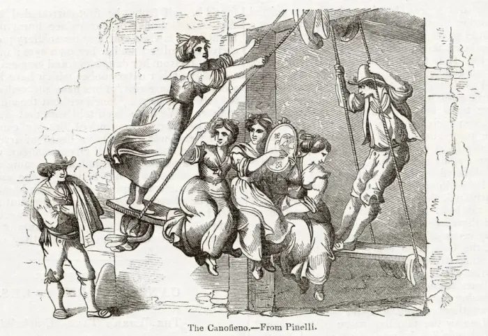 Framed Print : Men and women on a Roman swing, Italy Framed Print : Men and women on a Roman swing, Italy