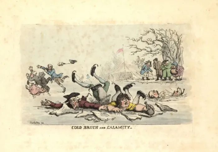 Framed Print : Men and women skating on thin ice and falling into Framed Print : Men and women skating on thin ice and falling into