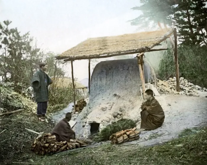 Framed Print : Men with wood burning oven, Japan