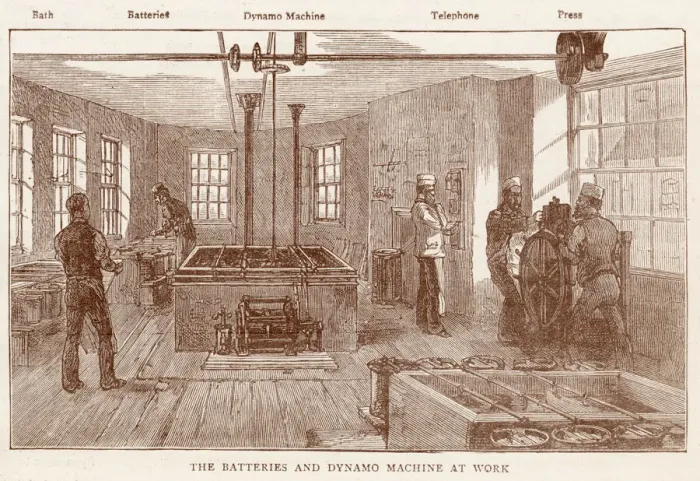 Framed Print : Men working in the batteries and dynamo machine room before going to print Framed Print : Men working in the batteries and dynamo machine room before going to print