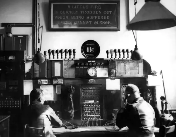 Framed Print : Men working at watchroom telephone switchboard Framed Print : Men working at watchroom telephone switchboard