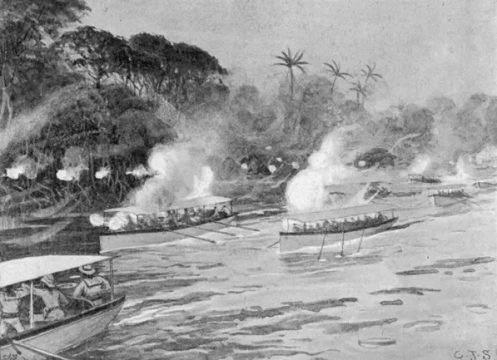 Framed Print : The Mendi Expedition. Boats bombarding enemy positions Framed Print : The Mendi Expedition. Boats bombarding enemy positions