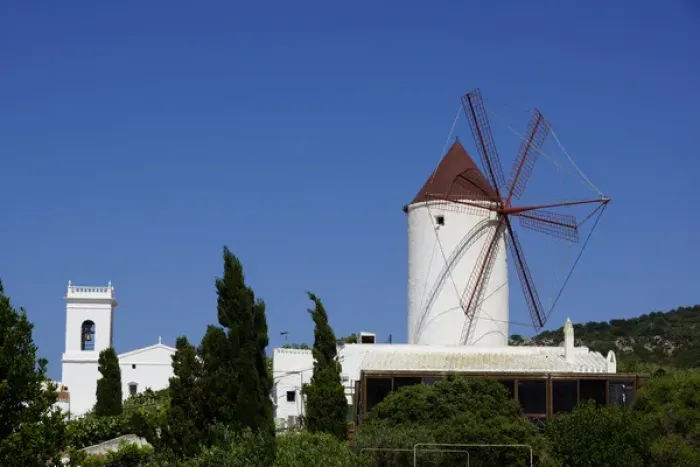 Framed Print : Menorca, Spain - Es Mercadal: Windmill, church Framed Print : Menorca, Spain - Es Mercadal: Windmill, church