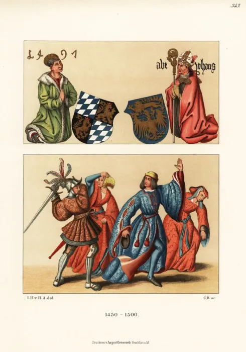 Framed Print : Mens costumes, late 15th century Framed Print : Mens costumes, late 15th century