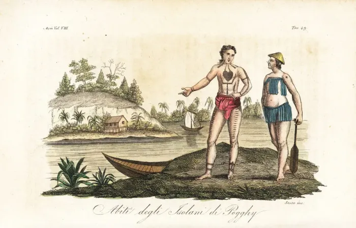 Framed Print : Mentawai people of Pagai, with tattoos, canoe and paddle Framed Print : Mentawai people of Pagai, with tattoos, canoe and paddle