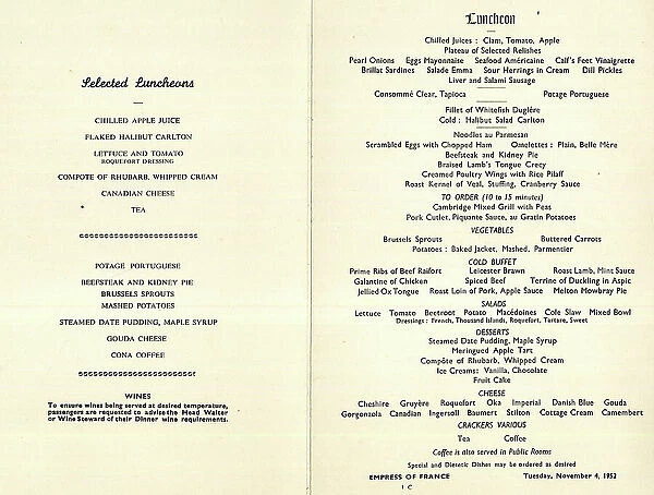 Menu for RMS Empress of France, Canadian Pacific line