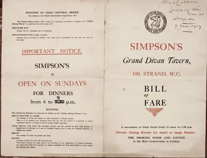 Framed Print : Menu, Simpsons Grand Divan Tavern, Strand, London Framed Print : Menu, Simpsons Grand Divan Tavern, Strand, London