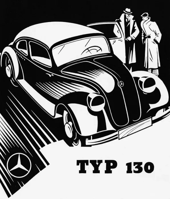 Framed Print : Mercedes. Black and white illustration of Mercedes 130. Date: 1935 Framed Print : Mercedes. Black and white illustration of Mercedes 130. Date: 1935