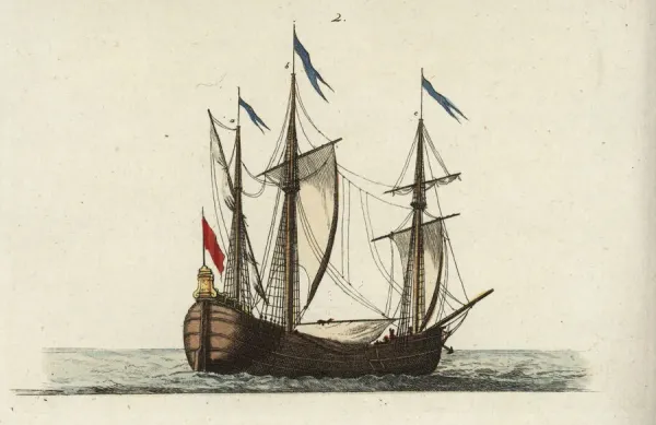 Merchant ship. Handcoloured copperplate engraving after