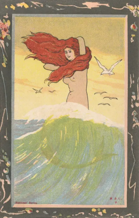 Framed Print : Mermaid seated on the crest of a wave. Art nouveau style. Date: 1903 Framed Print : Mermaid seated on the crest of a wave. Art nouveau style. Date: 1903