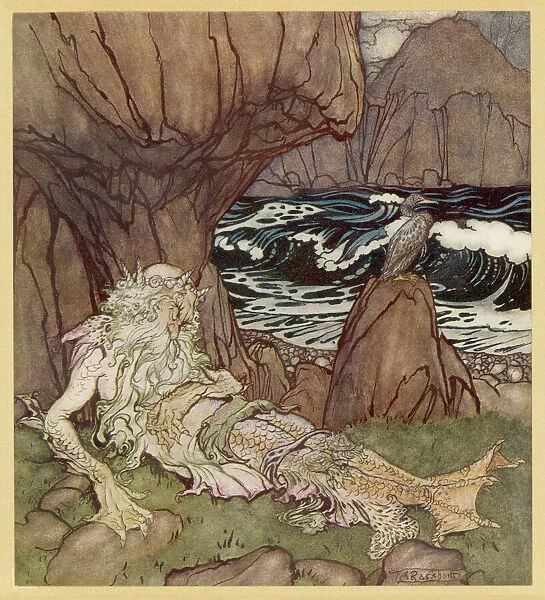 Merman (Rackham). A merman on the beach [illustration to The Three Golden Apples] Date
