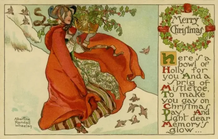 Framed Print : Merry Christmas -- woman with holly and mistletoe Framed Print : Merry Christmas -- woman with holly and mistletoe