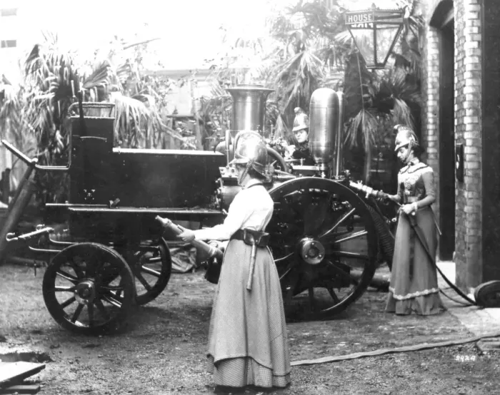 Framed Print : Merryweather horsed steam pump and firewomen Framed Print : Merryweather horsed steam pump and firewomen