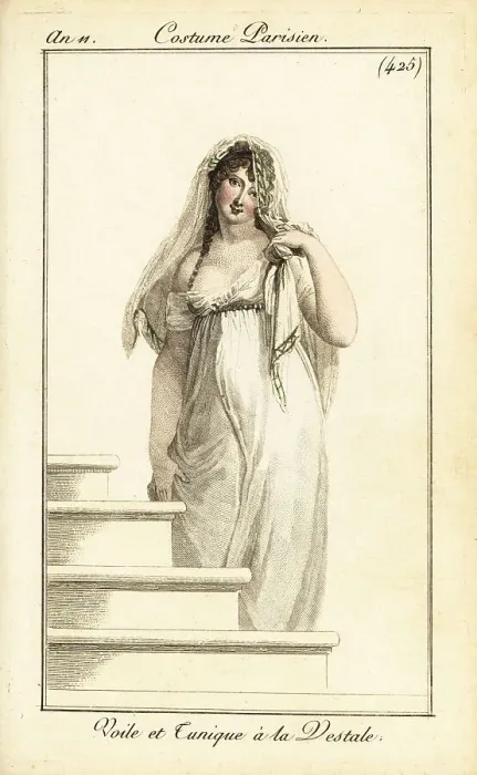 Framed Print : Merveilleuse in lace veil and tunic dress, Paris, 1802