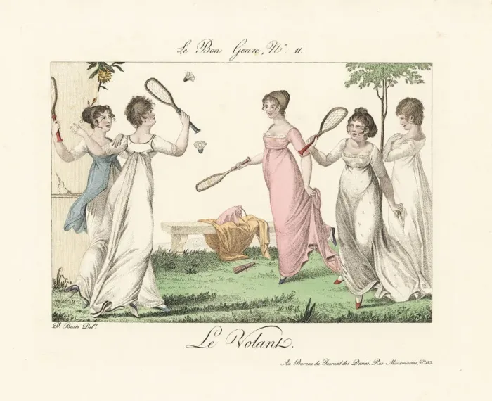 Framed Print : Merveilleuses playing badminton in a garden Framed Print : Merveilleuses playing badminton in a garden
