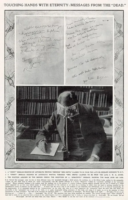 Framed Print : Message from the dead: Photograph of a medium during the reception of a spiritualistic message with a mask over his eyes. Date: 1908 Framed Print : Message from the dead: Photograph of a medium during the reception of a spiritualistic message with a mask over his eyes. Date: 1908