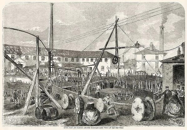 Messrs Glasse and Elliott's Atlantic Telegraph Cable Works yard at East Greenwich, London. The 1, 250 tons of telegraphic cable being laid out in five coils to go on-board the H. M. S. Agamemnon ship. Date: 1857