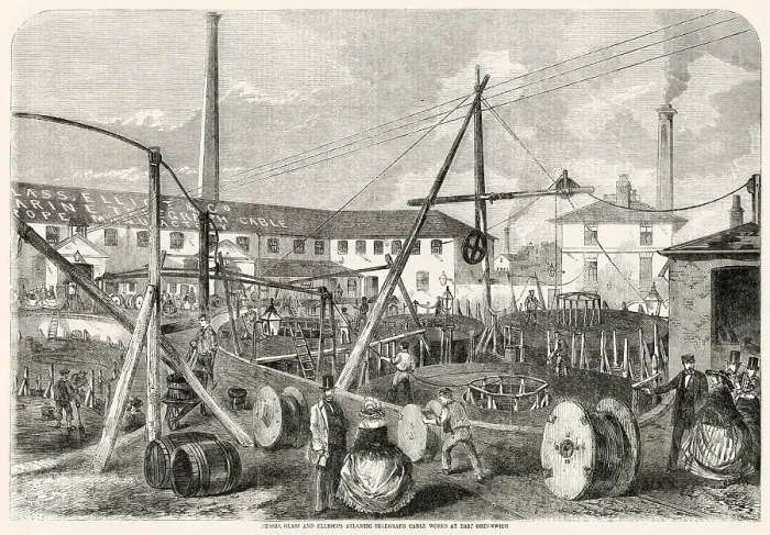 Framed Print : Messrs Glasse and Elliott's Atlantic Telegraph Cable Works yard at East Greenwich, London. The 1, 250 tons of telegraphic cable being laid out in five coils to go on-board the H. M. S. Agamemnon ship. Date: 1857 Framed Print : Messrs Glasse and Elliott's Atlantic Telegraph Cable Works yard at East Greenwich, London. The 1, 250 tons of telegraphic cable being laid out in five coils to go on-board the H. M. S. Agamemnon ship. Date: 1857