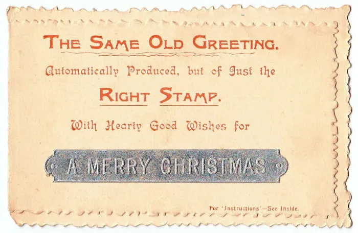 Framed Print : Metal stamp with comic verse on a Christmas card Framed Print : Metal stamp with comic verse on a Christmas card