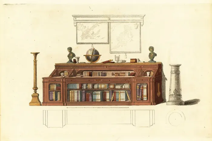 Framed Print : Metamorphic dwarf library bookcase, 1811 Framed Print : Metamorphic dwarf library bookcase, 1811