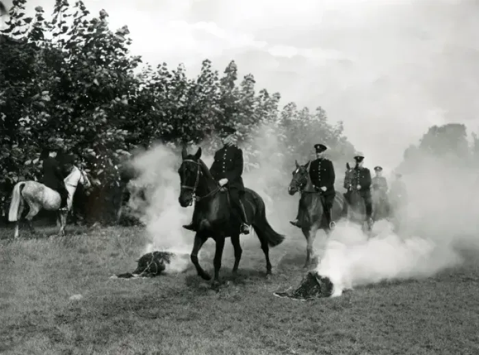 Framed Print : Metropolitan Police officers on horseback in a field Framed Print : Metropolitan Police officers on horseback in a field