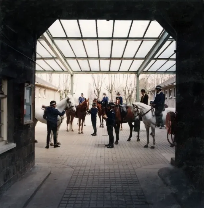 Framed Print : Metropolitan Police officers on horseback outside stable Framed Print : Metropolitan Police officers on horseback outside stable