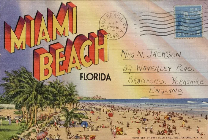 Framed Print : Miami Beach, Florida, USA Note of interest: sent by Harold Jackson of the RAF Band from RAF Delegation HQ, Washington DC, USA, to Mrs N Jackson in Bradford, Yorkshire Framed Print : Miami Beach, Florida, USA Note of interest: sent by Harold Jackson of the RAF Band from RAF Delegation HQ, Washington DC, USA, to Mrs N Jackson in Bradford, Yorkshire