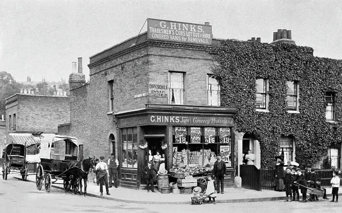 Framed Print : Mickleover Hinks Corner Shop early 1900s Framed Print : Mickleover Hinks Corner Shop early 1900s