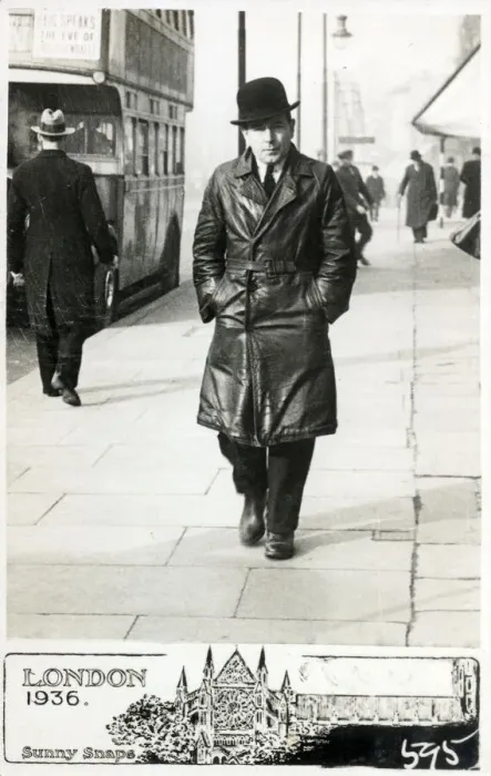 Framed Print : Middle aged in a black leather full length overcoat - Street Framed Print : Middle aged in a black leather full length overcoat - Street