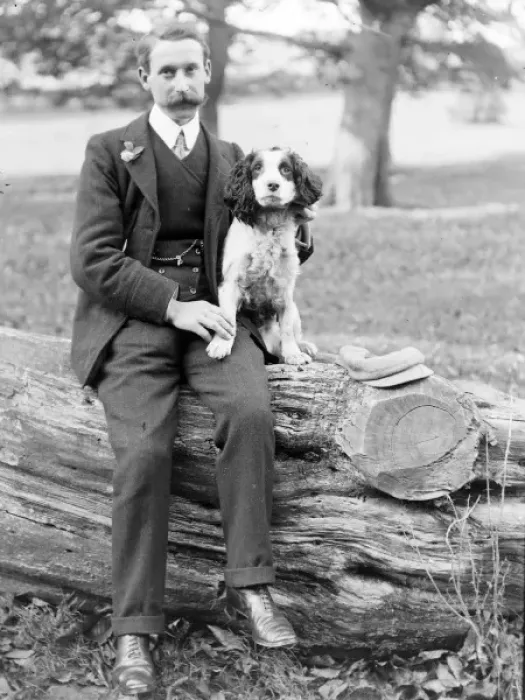 Framed Print : Middle aged man with spaniel, Mid Wales Framed Print : Middle aged man with spaniel, Mid Wales