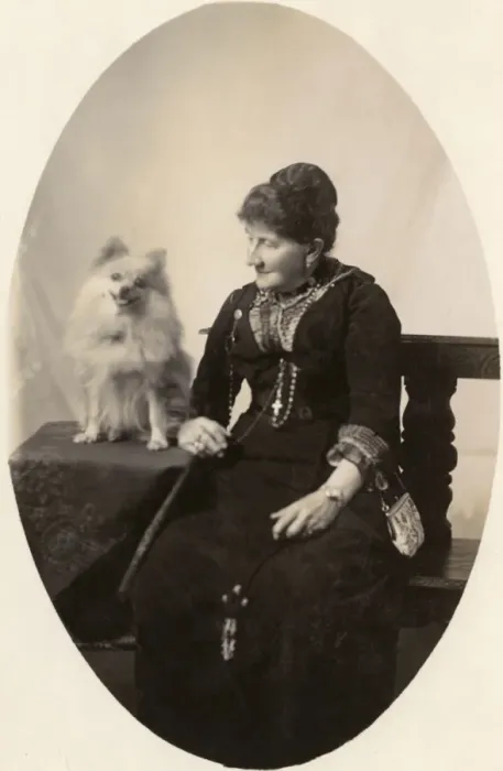 Framed Print : Middle aged woman with dog in studio photo Framed Print : Middle aged woman with dog in studio photo