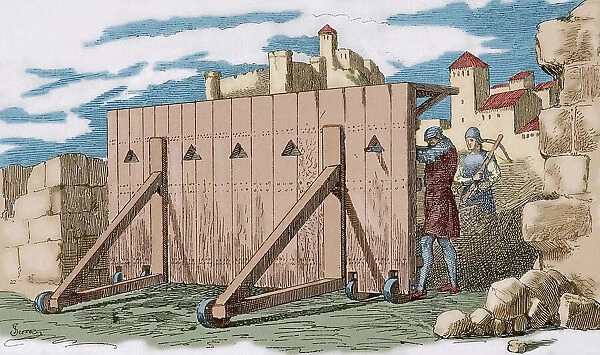 Middle Ages. Wood mantlet on wheels. Engraving by Serra